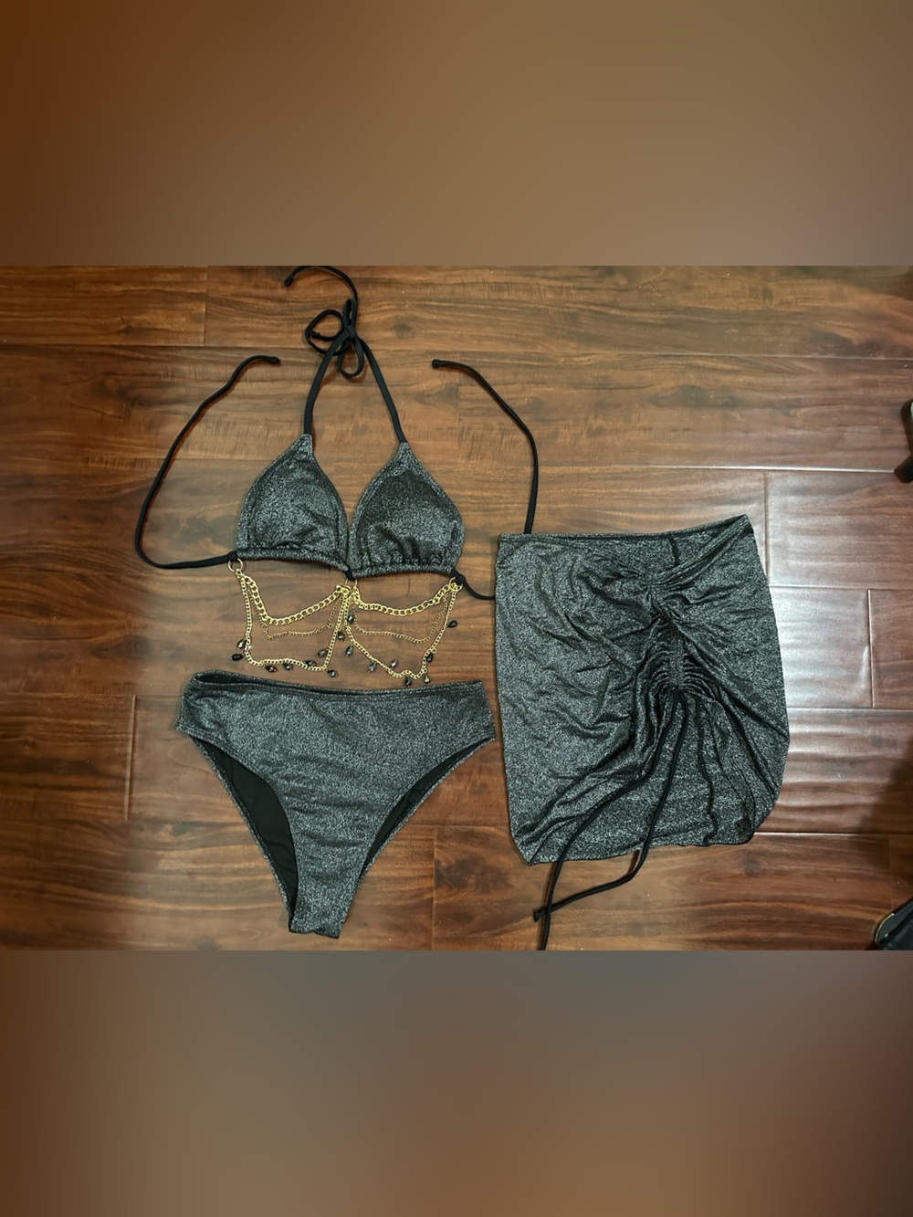 SHEIN Metallic Black Triangle Bikini Set with Chain Detail and Ruched Skirt